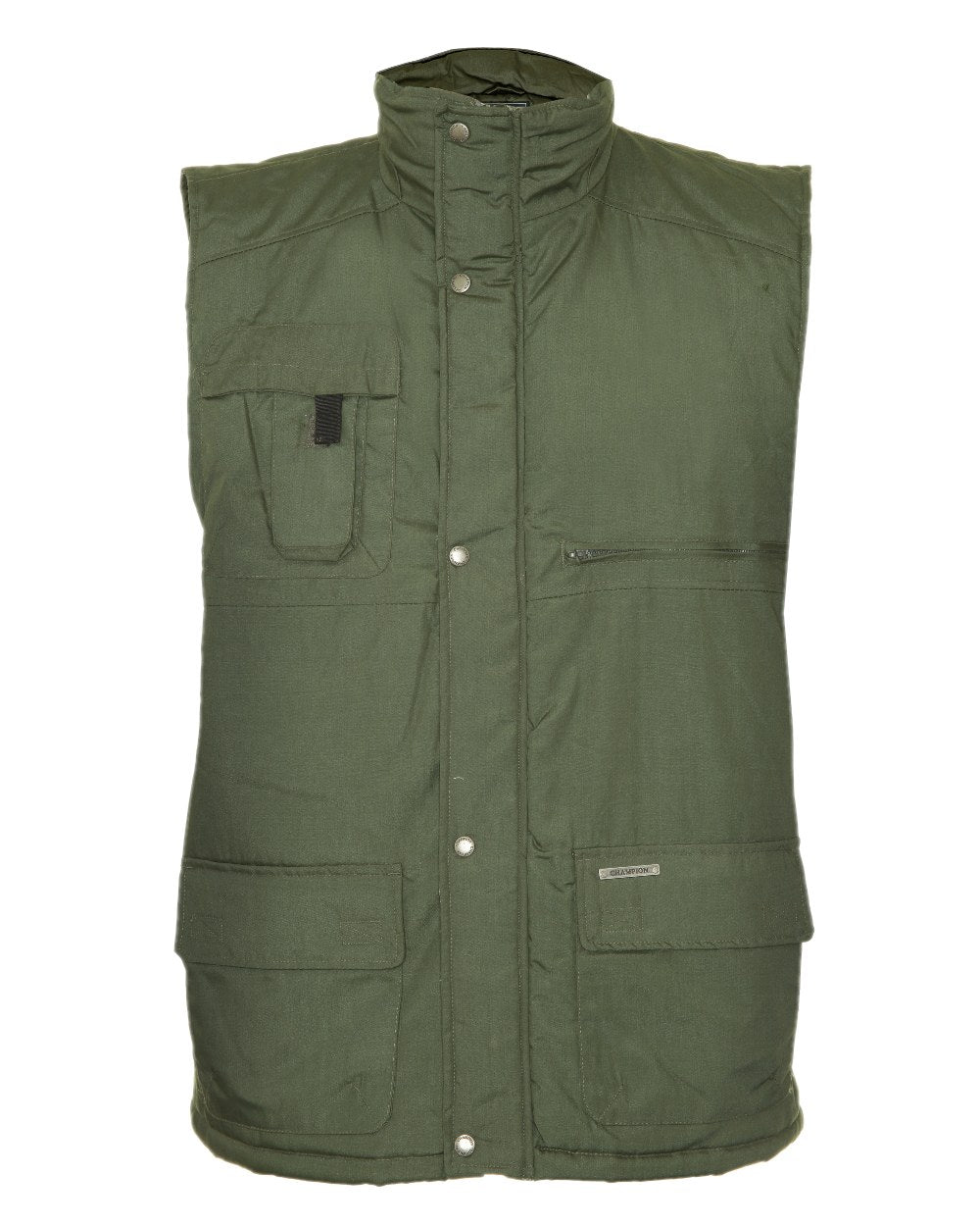 Olive coloured Champion Peak Multi-Pocket Padded Bodywarmer on white background 
