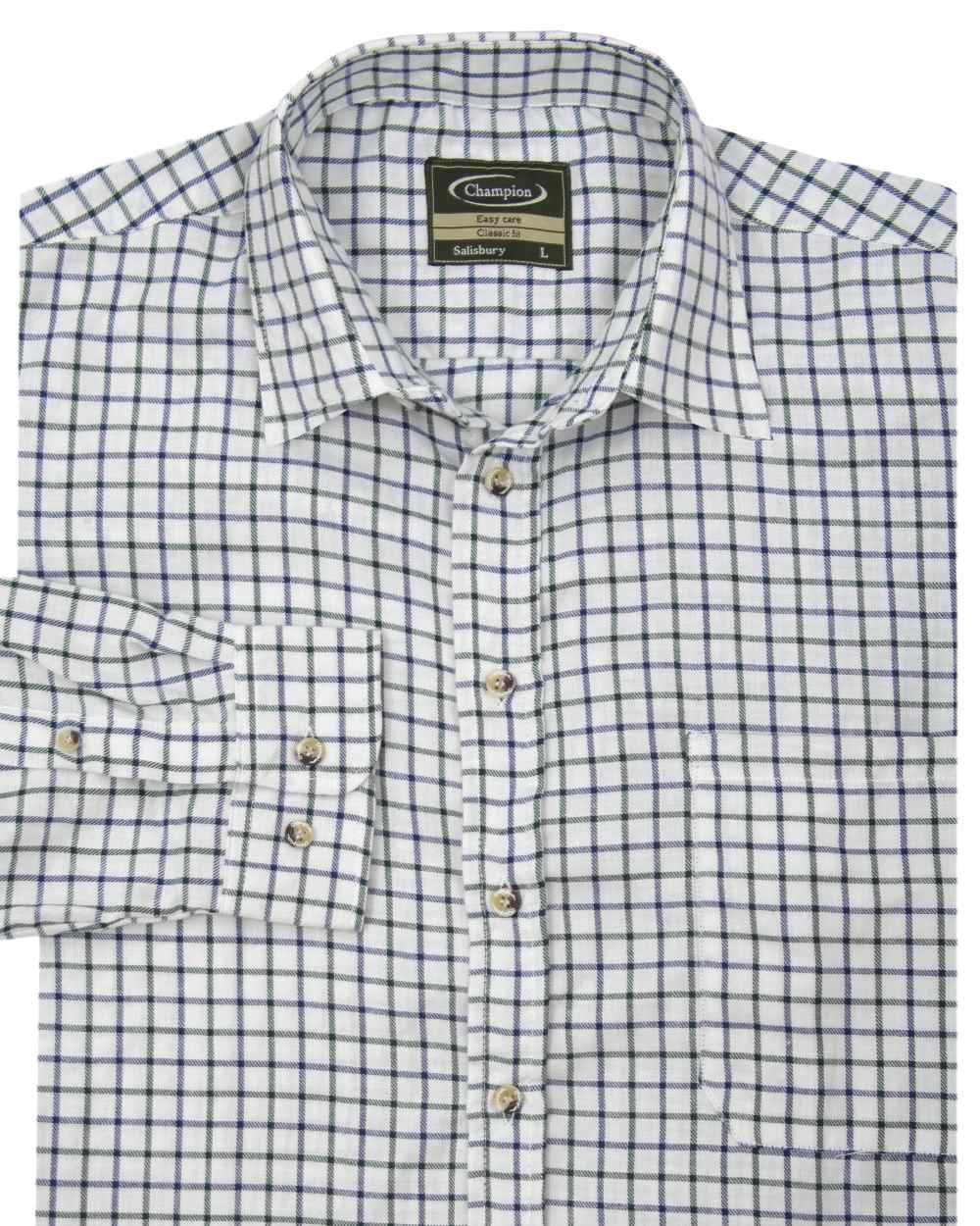 Blue Green coloured Champion Salisbury Tattersall Shirt on white background 