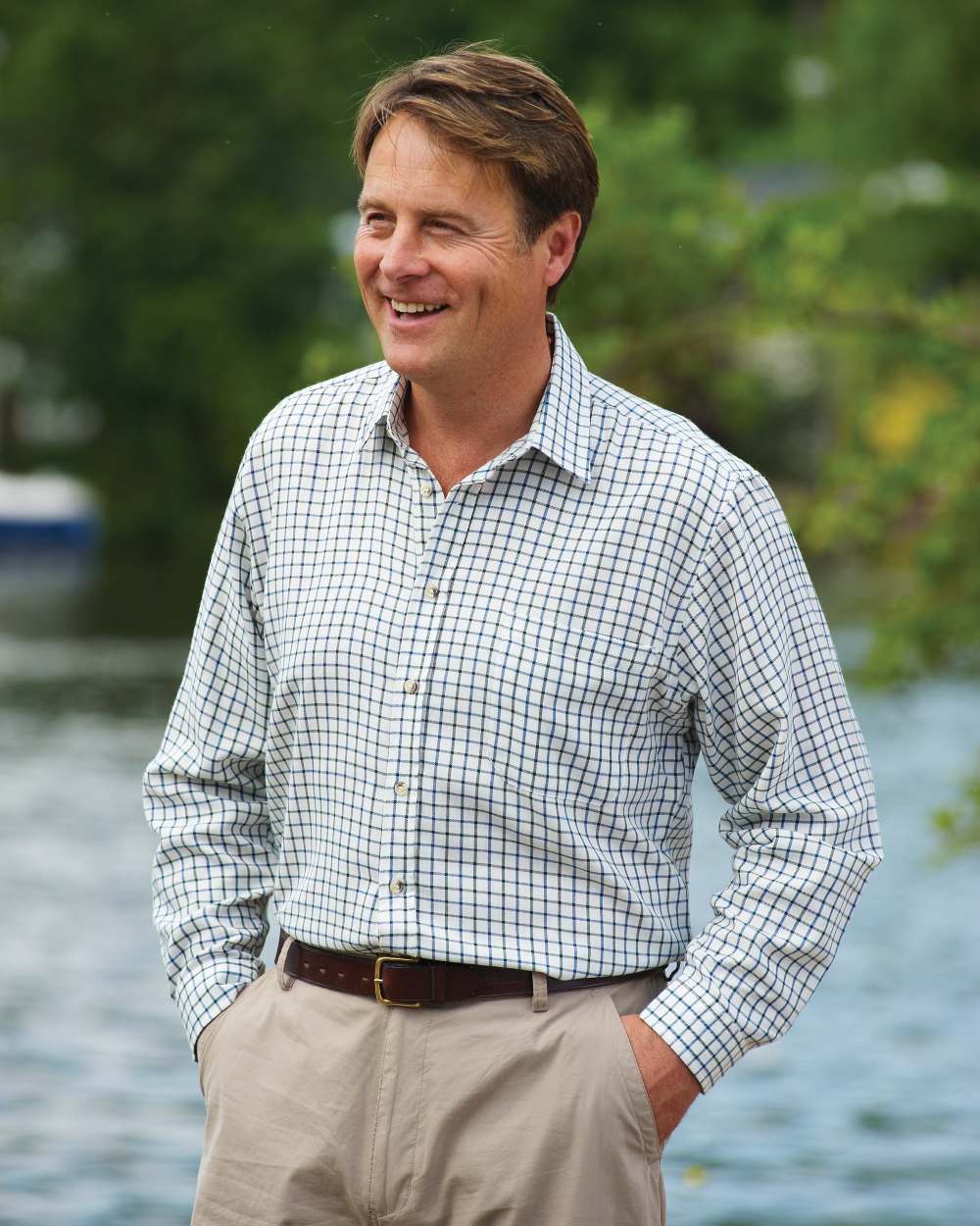 Blue Green coloured Champion Salisbury Tattersall Shirt on blurry background 