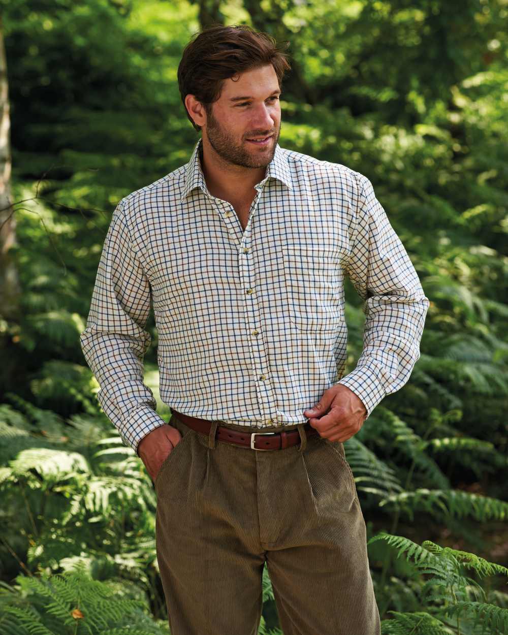 Brown Blue coloured Champion Salisbury Tattersall Shirt on forest background 