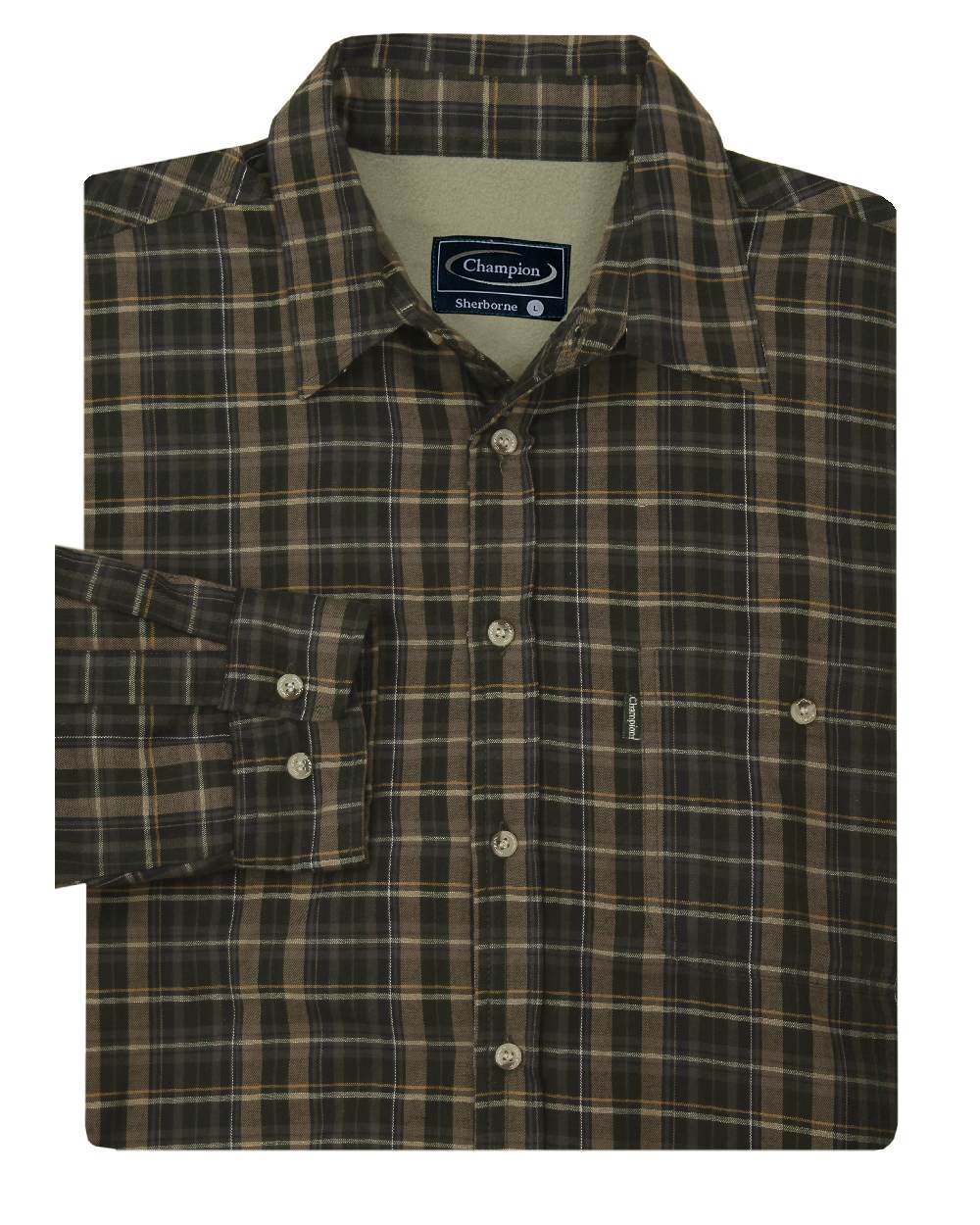 Olive coloured Champion Sherborne Fleece Lined Shirt on white background 