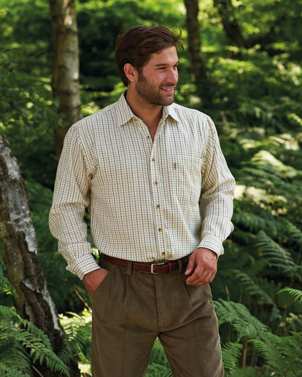 Green coloured Champion Tattersall Check Shirt on forest background 