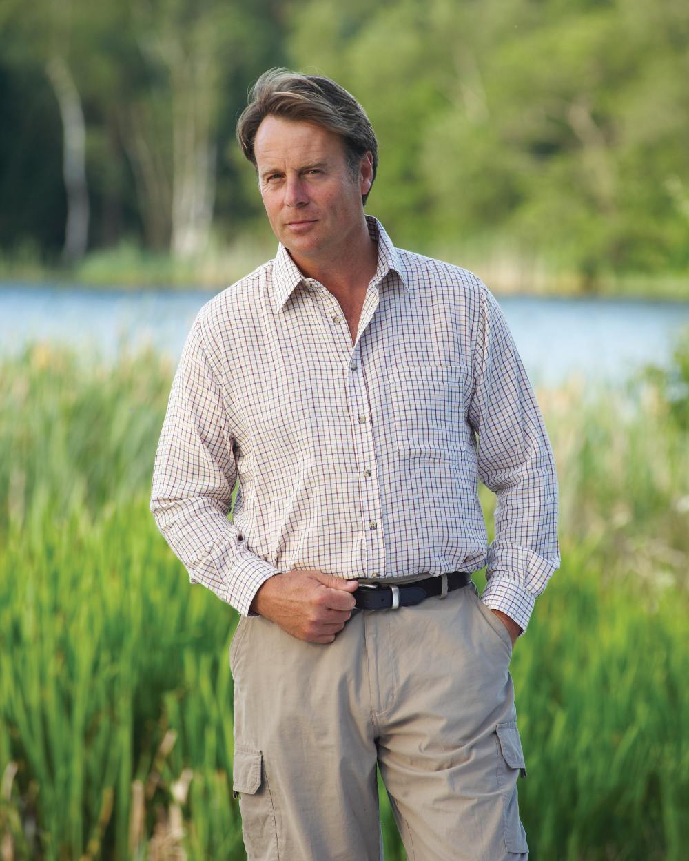 Red coloured Champion Tattersall Check Shirt on lakeside background 