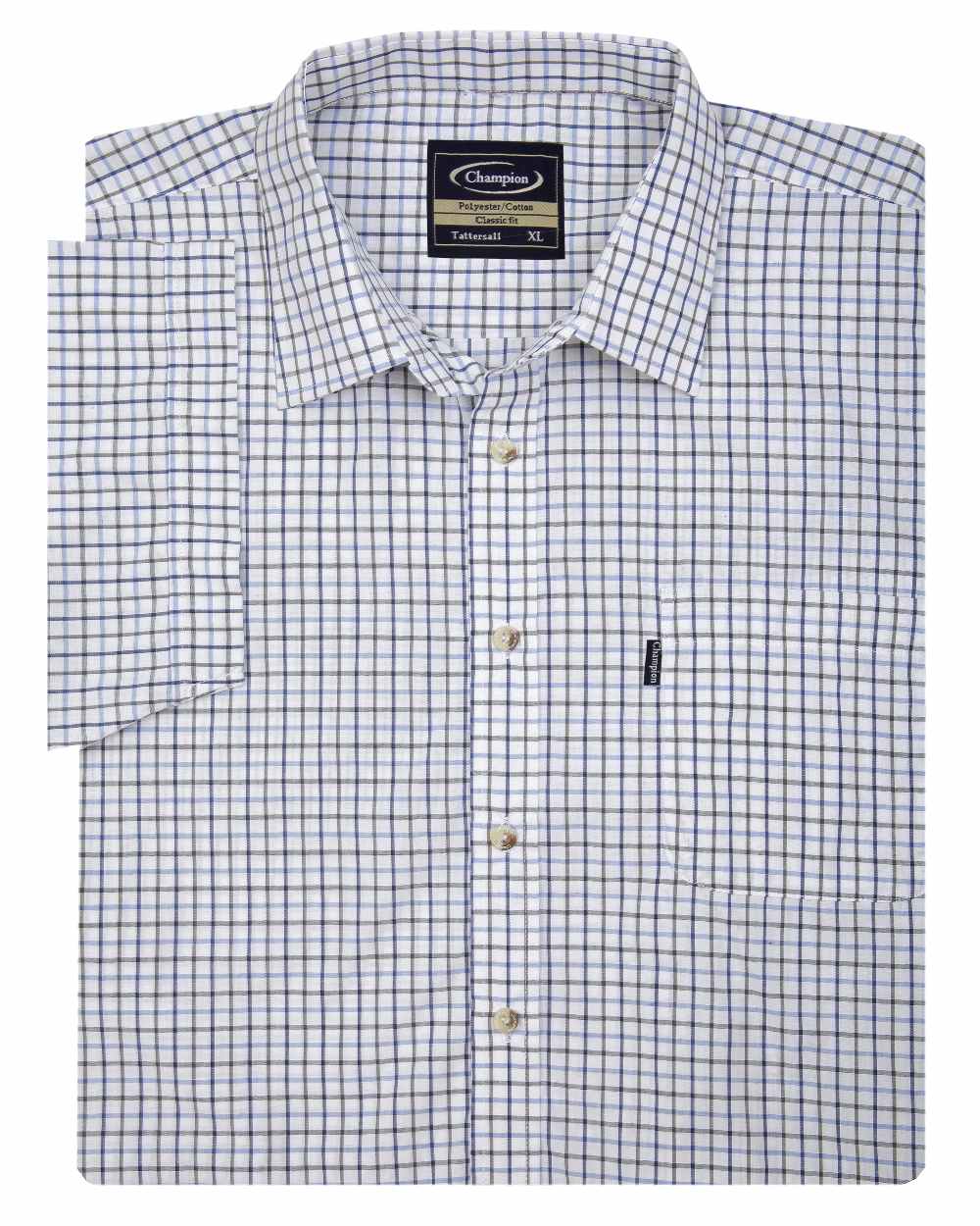 Blue coloured Champion Tattersall Short Sleeved Shirt on white background 