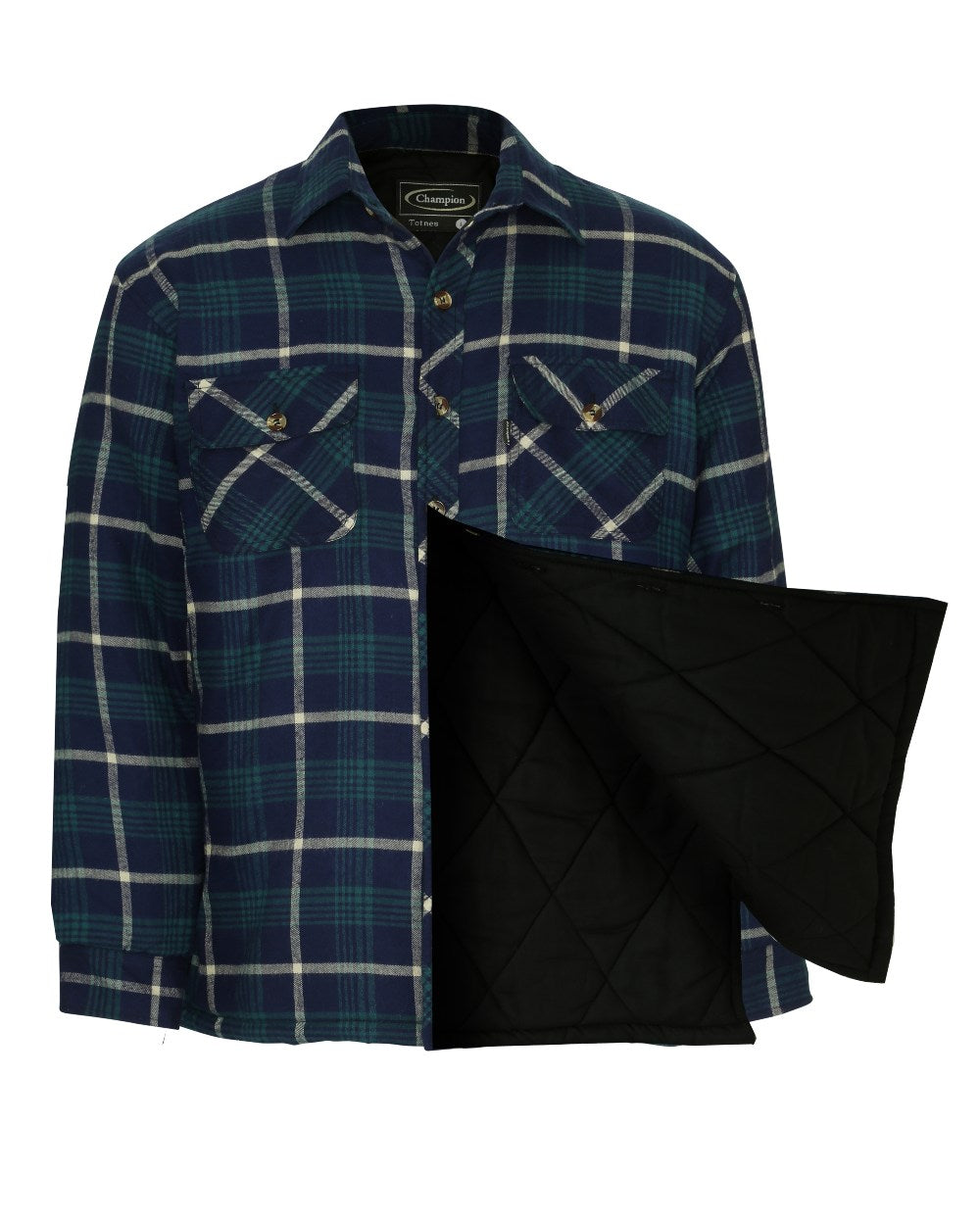 Blue coloured Champion Totnes Quilted Padded Shirt on white background 