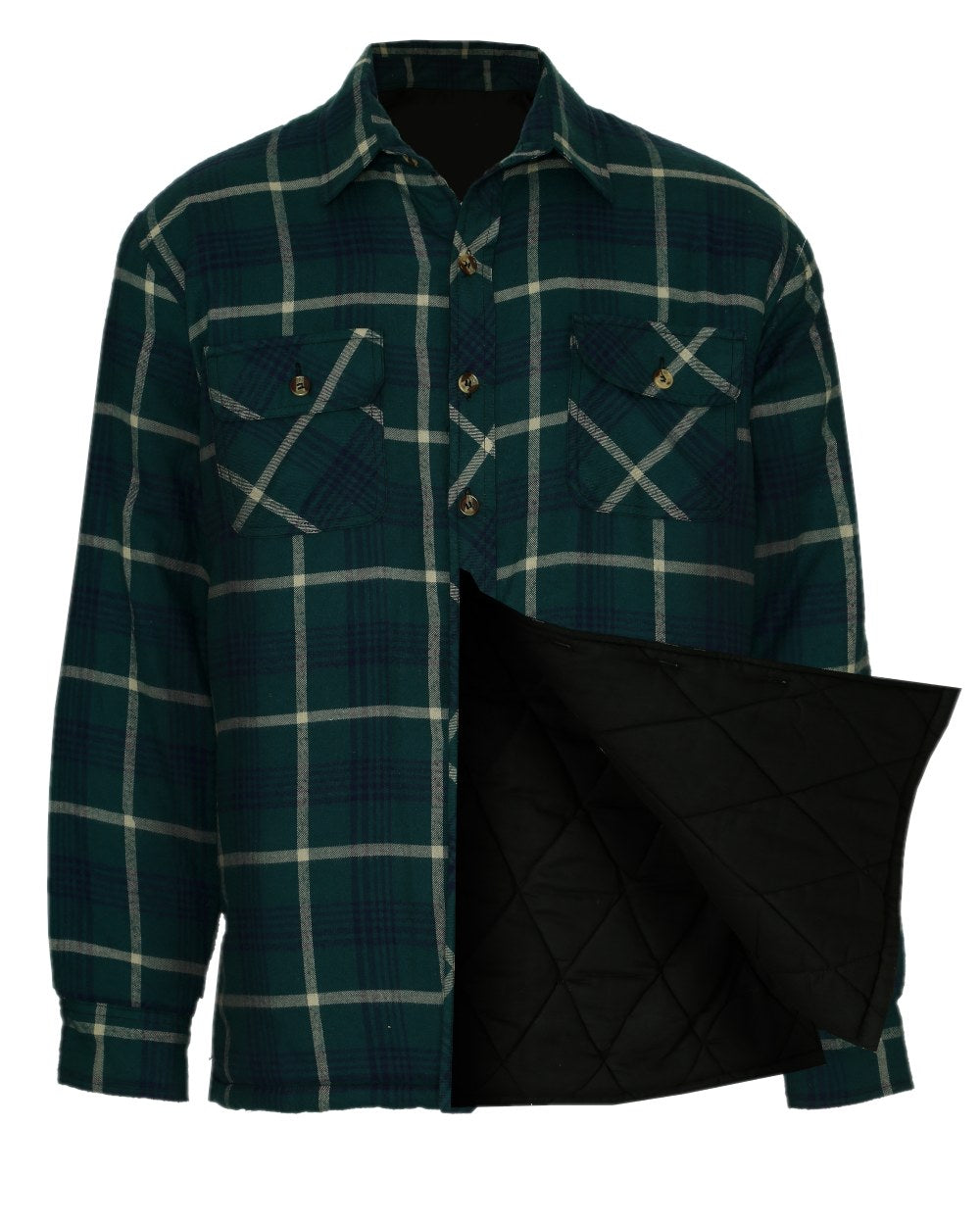 Green coloured Champion Totnes Quilted Padded Shirt on white background 