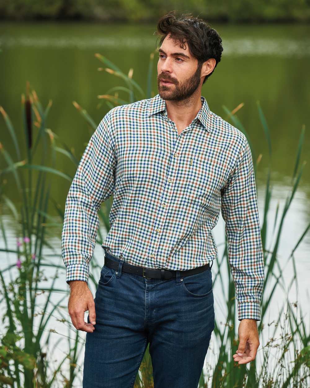 Blue Green Brown coloured Champion York Check Shirt on pond background 