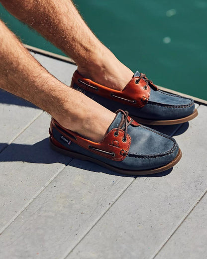 Navy Seahorse Coloured Chatham Mens Bermuda II G2-Leather Boat Shoes on pool background 