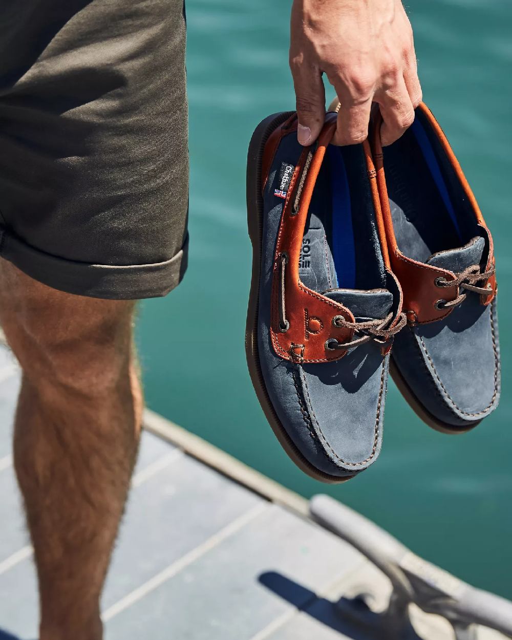 Navy Seahorse Coloured Chatham Mens Bermuda II G2-Leather Boat Shoes on pool background 