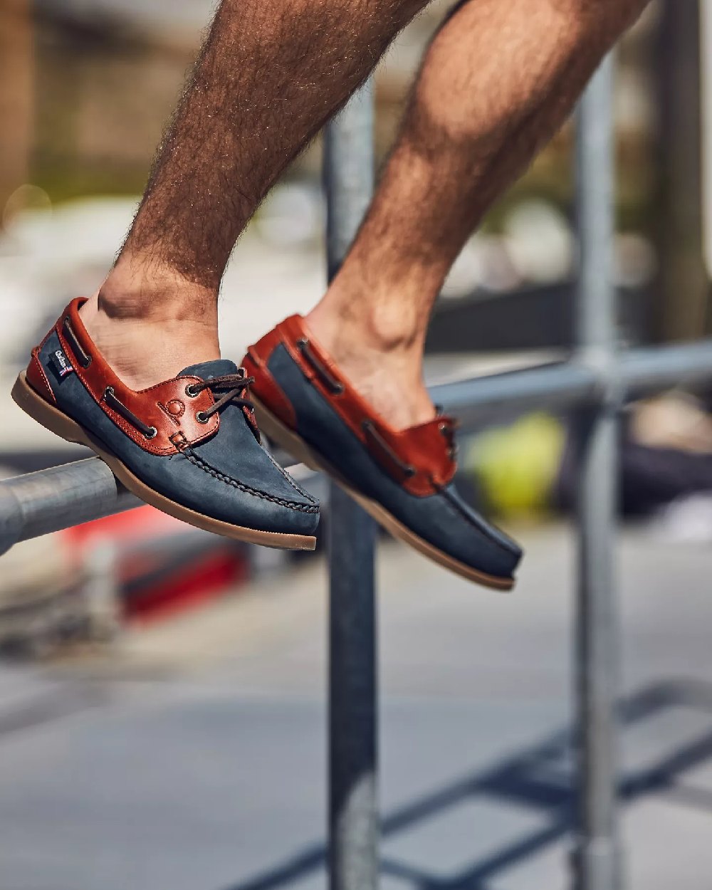 Navy Seahorse Coloured Chatham Mens Bermuda II G2-Leather Boat Shoes on stand background 