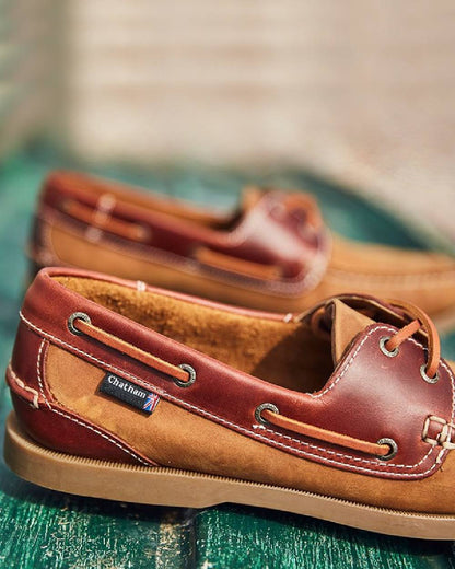 Walnut Seahorse Coloured Chatham Mens Bermuda II G2-Leather Boat Shoes on wood background 