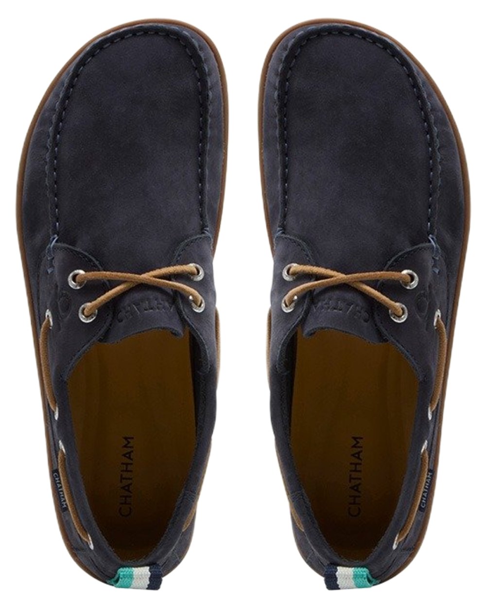 Navy coloured Chatham Mens Eclipse Nubuck Barefoot Boat Shoes on white background 