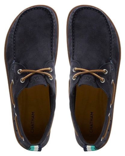 Navy coloured Chatham Mens Eclipse Nubuck Barefoot Boat Shoes on white background 
