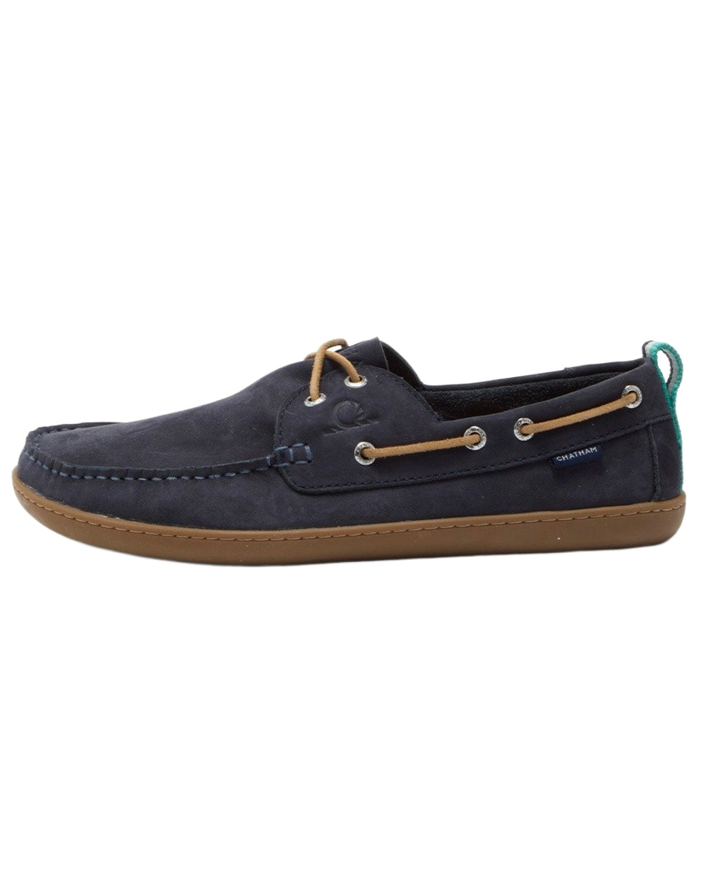 Navy coloured Chatham Mens Eclipse Nubuck Barefoot Boat Shoes on white background 