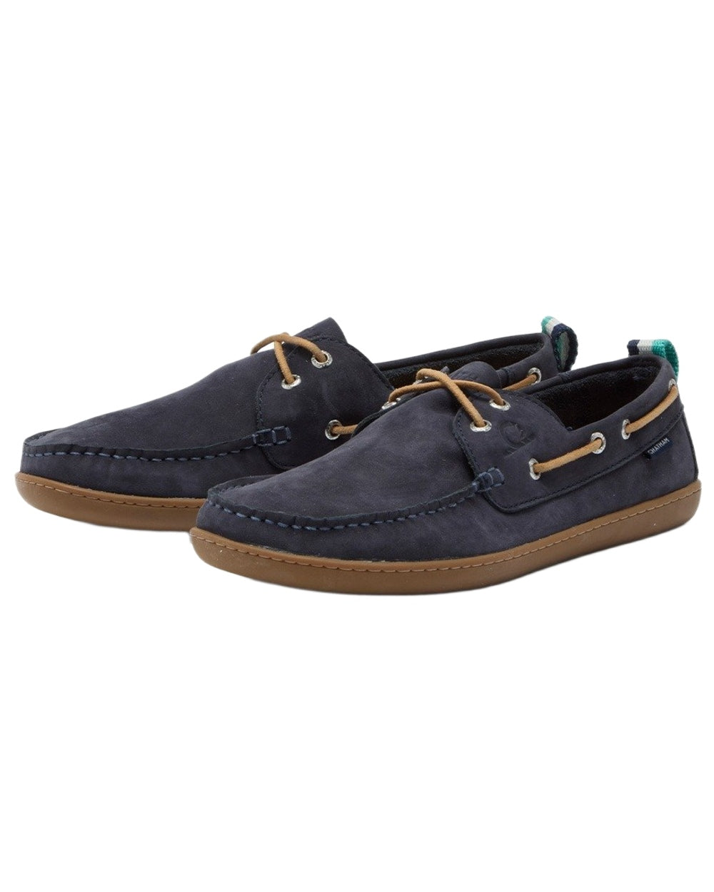 Navy coloured Chatham Mens Eclipse Nubuck Barefoot Boat Shoes on white background 