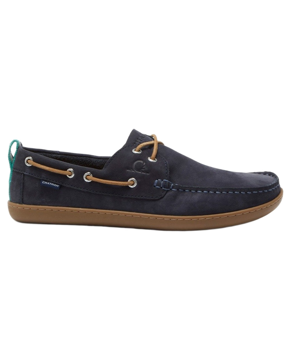 Navy coloured Chatham Mens Eclipse Nubuck Barefoot Boat Shoes on white background 