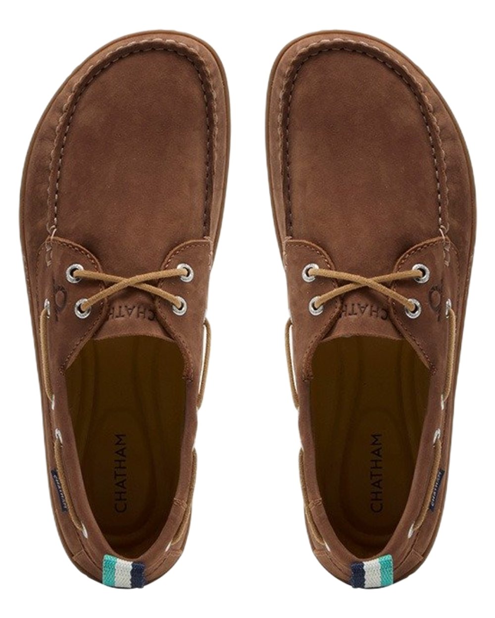 Tan coloured Chatham Mens Eclipse Nubuck Barefoot Boat Shoes on white background 