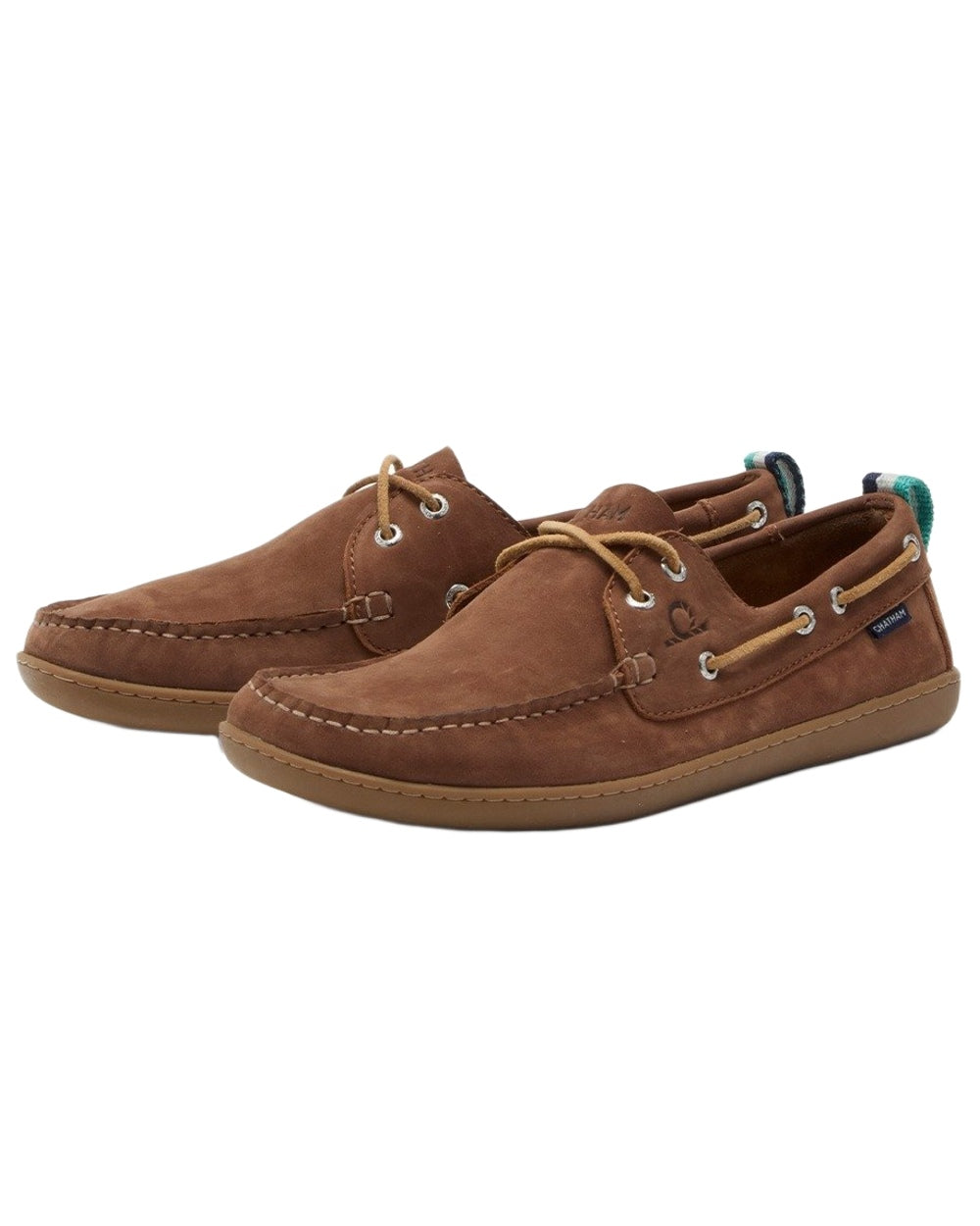 Tan coloured Chatham Mens Eclipse Nubuck Barefoot Boat Shoes on white background 