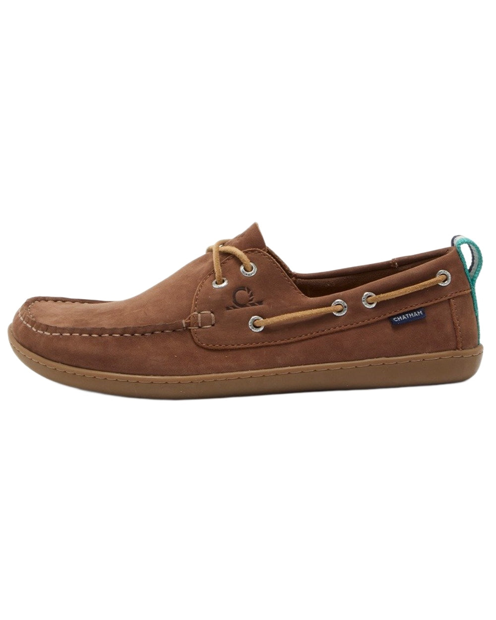 Tan coloured Chatham Mens Eclipse Nubuck Barefoot Boat Shoes on white background 