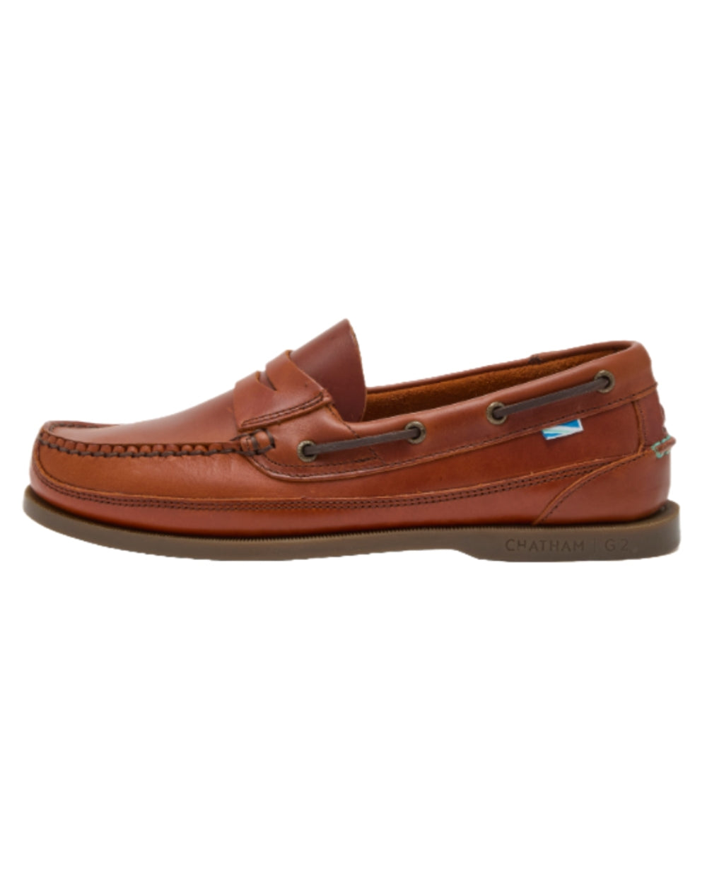 Chestnut Coloured Chatham Mens Gaff II G2 Slip On Leather Boat Shoes on white background 