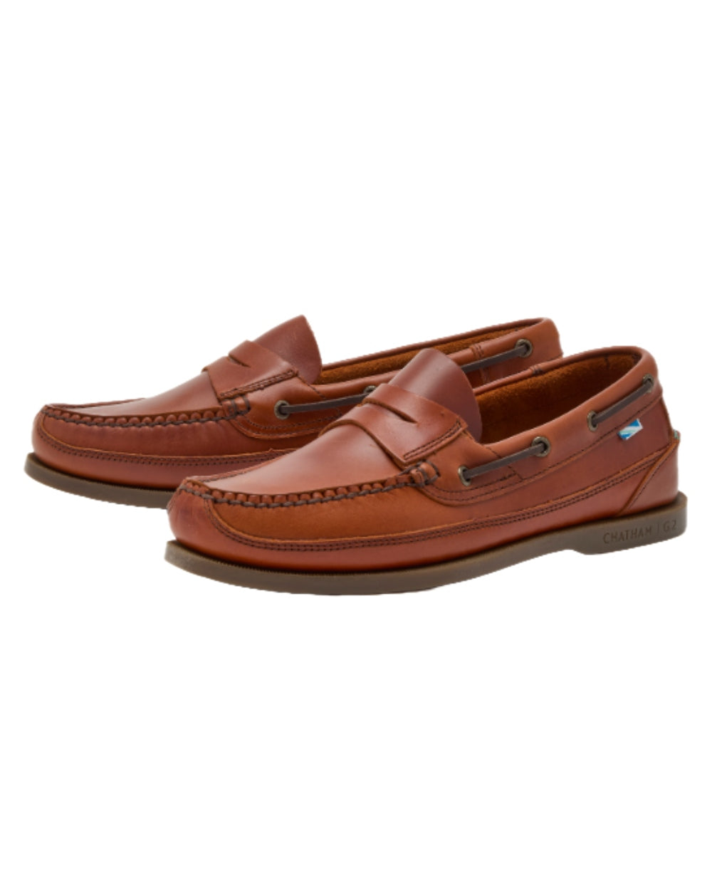 Chestnut Coloured Chatham Mens Gaff II G2 Slip On Leather Boat Shoes on white background 