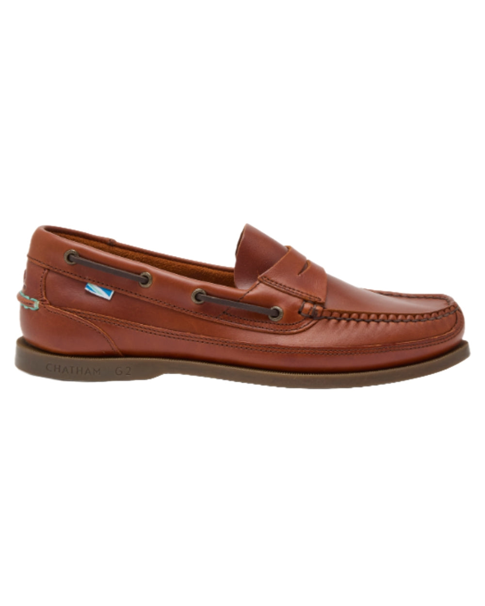 Chestnut Coloured Chatham Mens Gaff II G2 Slip On Leather Boat Shoes on white background 