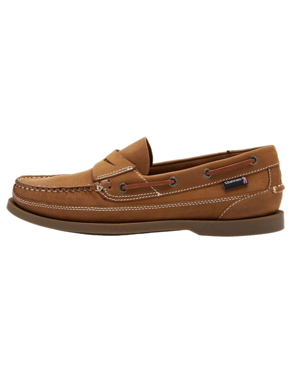 Walnut Coloured Chatham Mens Gaff II G2 Slip On Leather Boat Shoes on white background 