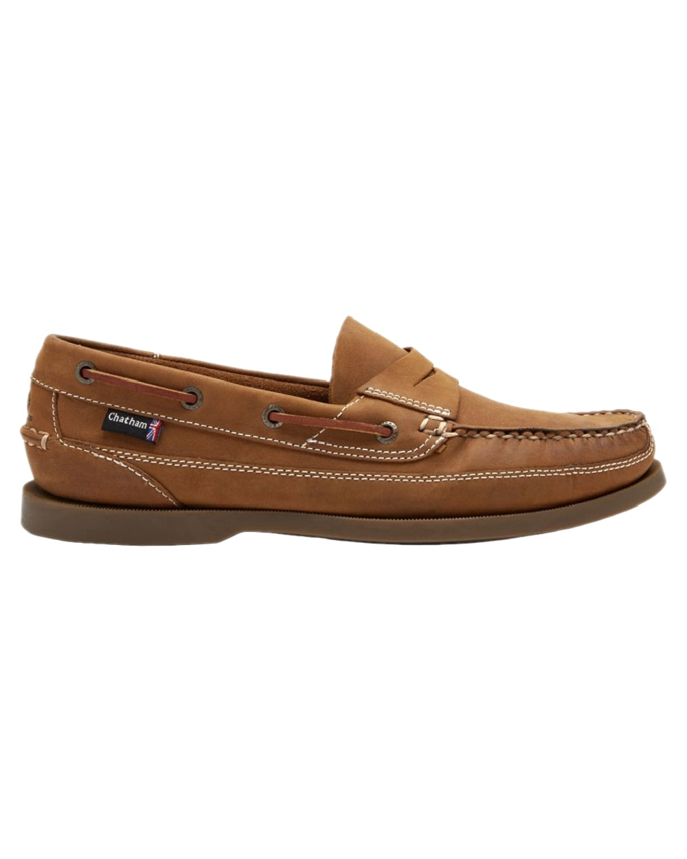 Walnut Coloured Chatham Mens Gaff II G2 Slip On Leather Boat Shoes on white background 