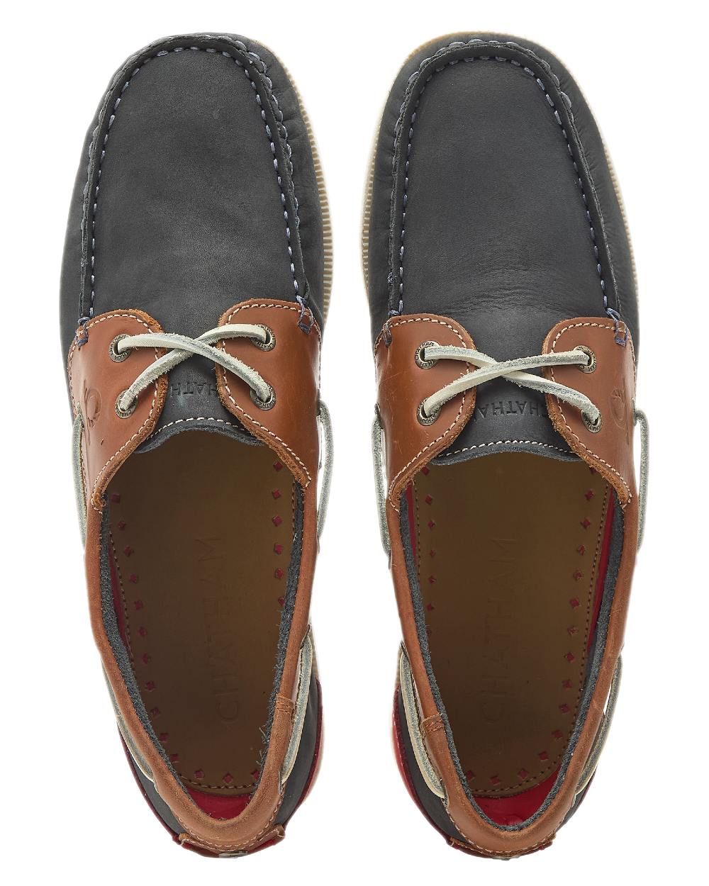 Navy Tan Coloured Chatham Mens Galley II Leather Boat Shoes on white background 