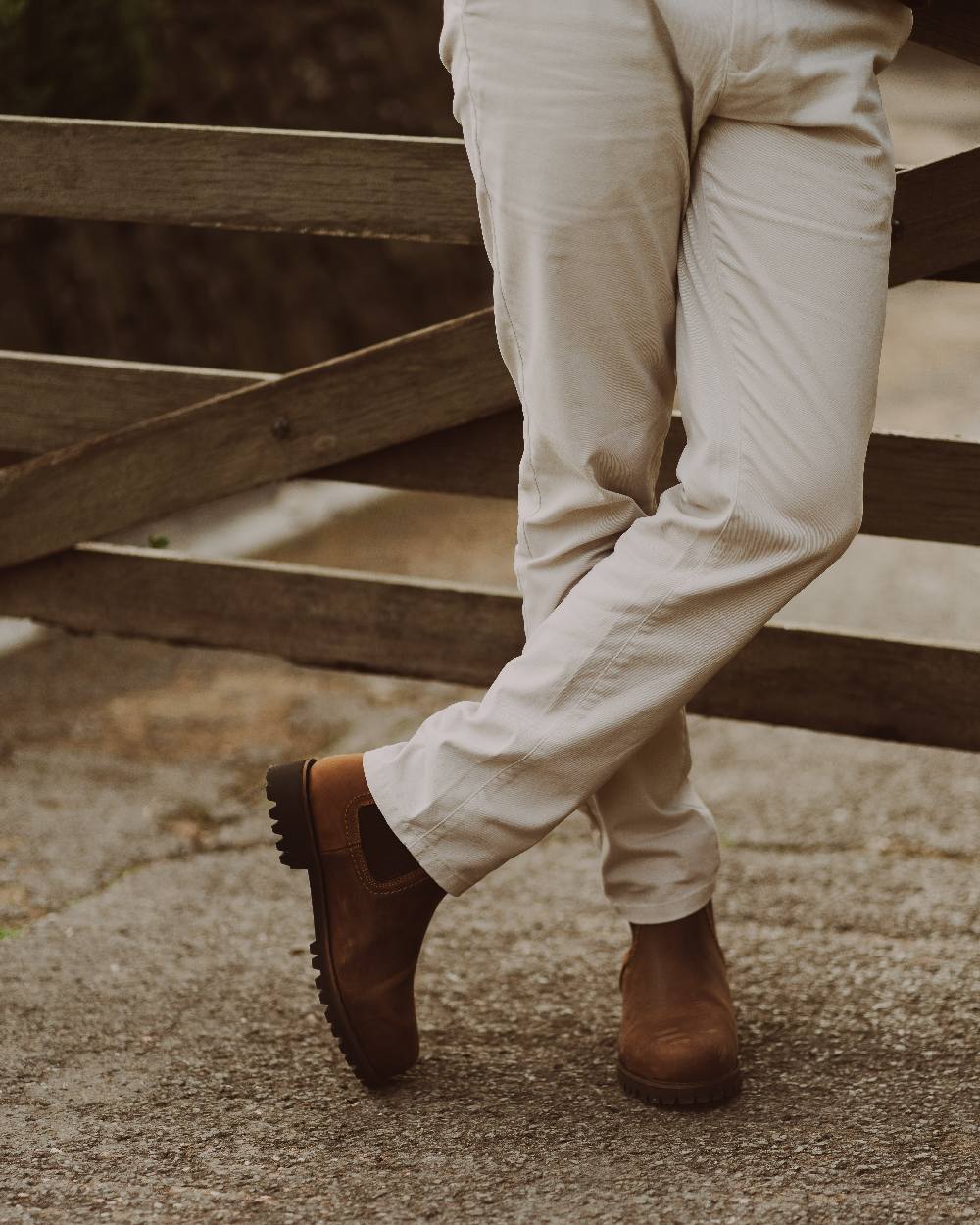 Walnut Coloured Chatham Mens Southill II Waterproof Chelsea Boots on street background 