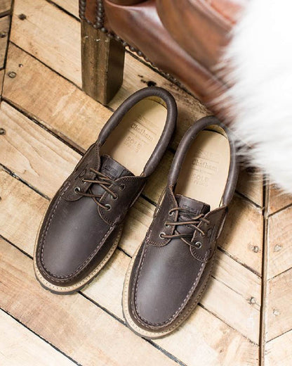 Dark Brown Coloured Chatham Mens Sperrin-Winter Boat Shoes on floor background 