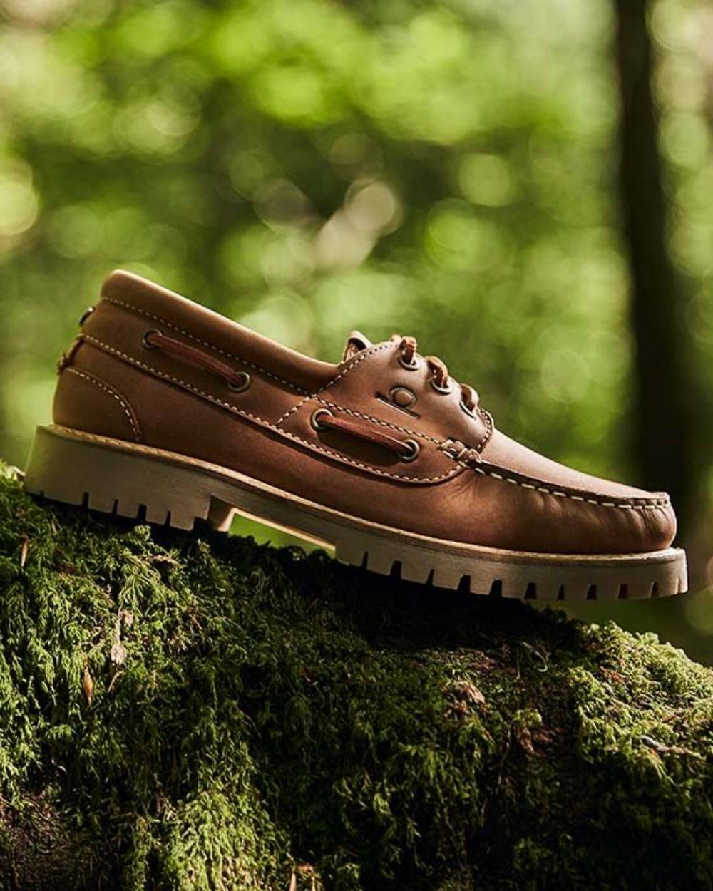 Tan Coloured Chatham Mens Sperrin-Winter Boat Shoes on forest background 