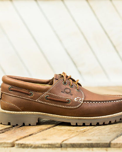 Tan Coloured Chatham Mens Sperrin-Winter Boat Shoes on grey background 