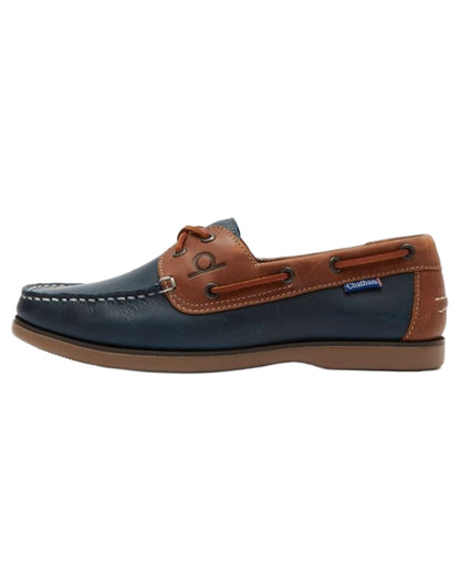 Navy Tan coloured Chatham Mens Whitstable Premium Leather Boat Shoes on white background 
