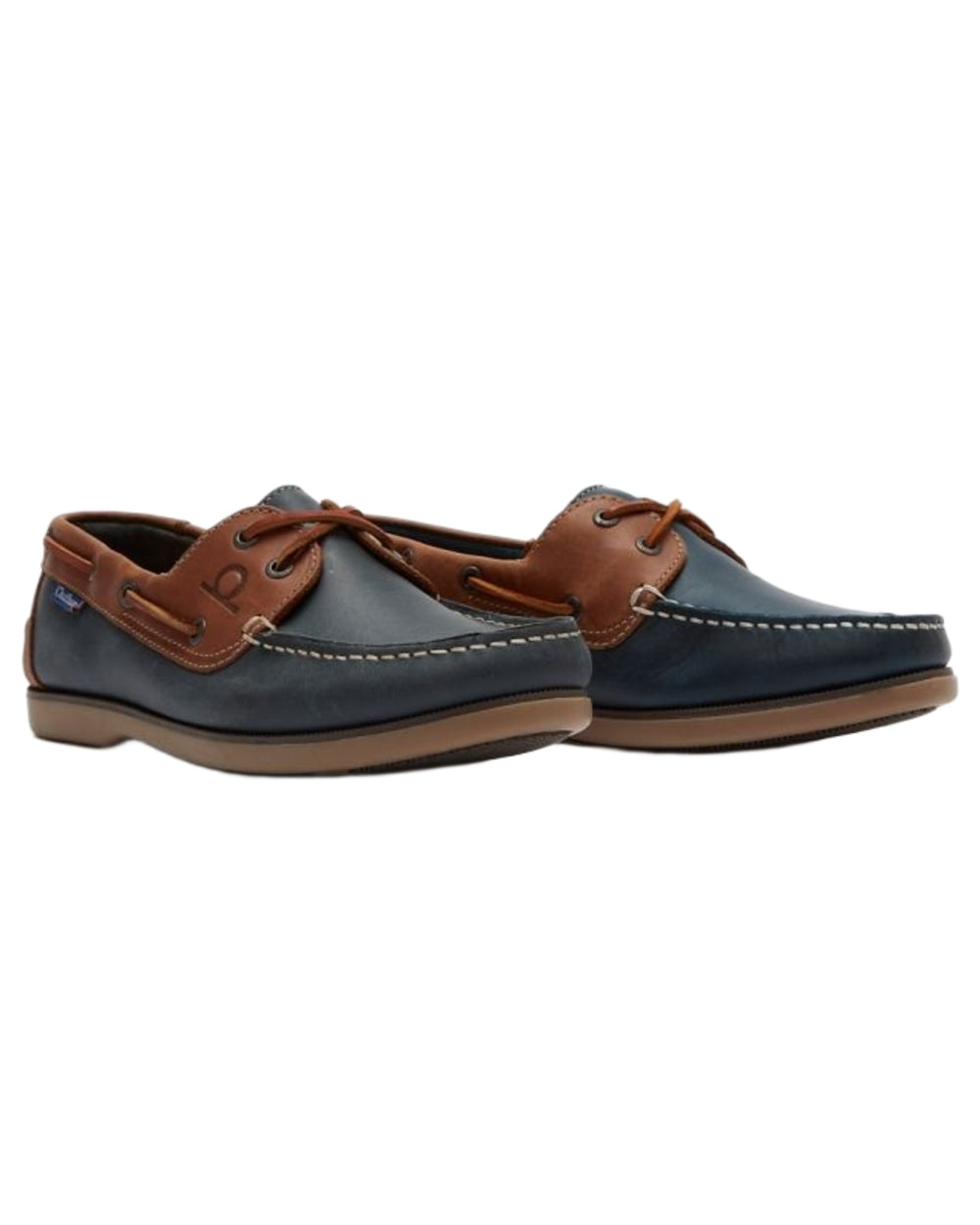 Navy Tan coloured Chatham Mens Whitstable Premium Leather Boat Shoes on white background 