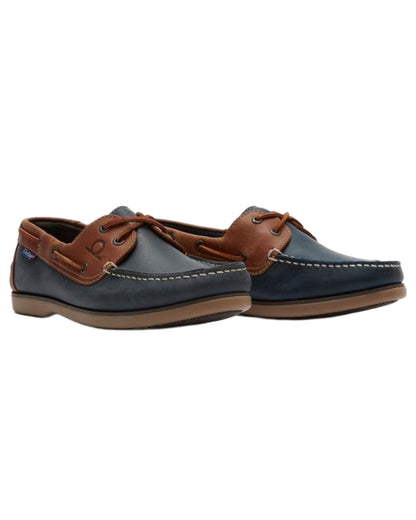 Navy Tan coloured Chatham Mens Whitstable Premium Leather Boat Shoes on white background 