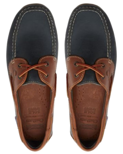 Navy Tan coloured Chatham Mens Whitstable Premium Leather Boat Shoes on white background 