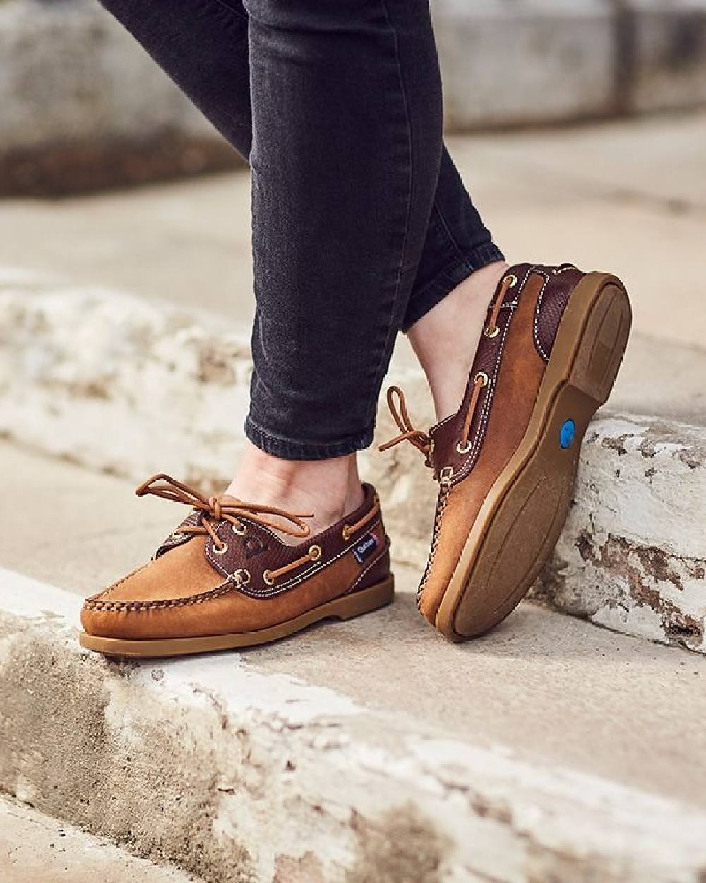 Walnut Brown Snake Coloured Chatham Womens Bermuda G2 Leather Boat Shoes on stair background 