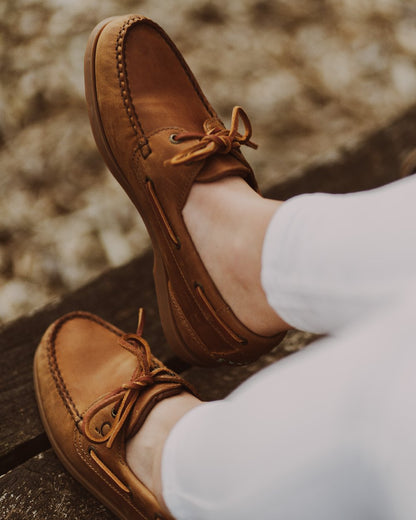 Walnut Coloured Chatham Womens Deck II G2 Premium Leather Boat Shoes on outdoor background 