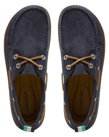 Navy coloured Chatham Womens Eclipse Nubuck Barefoot Boat Shoes on white background 