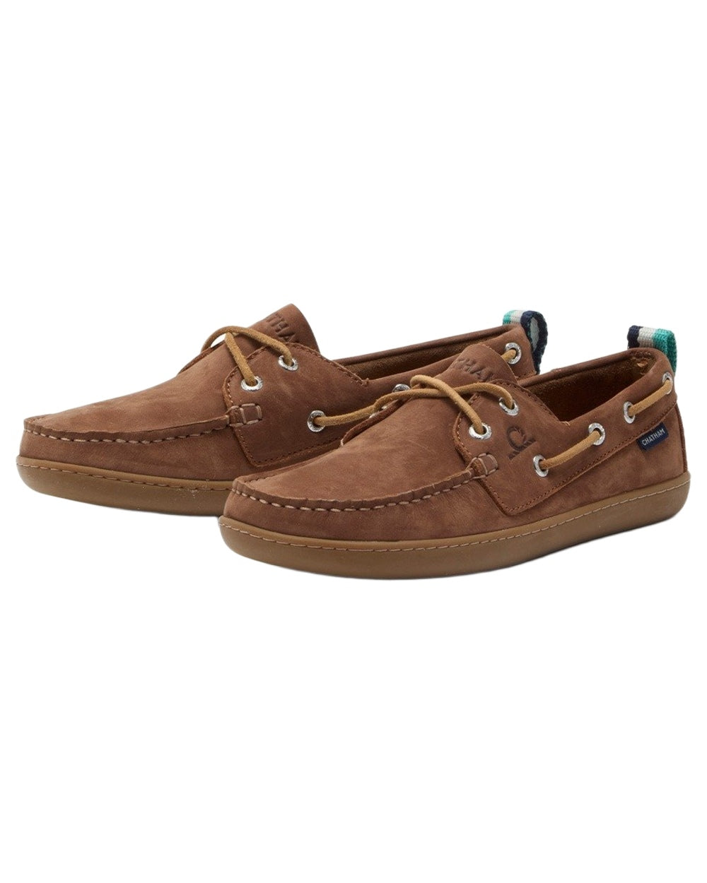 Tan coloured Chatham Womens Eclipse Nubuck Barefoot Boat Shoes on white background 