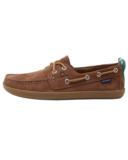 Tan coloured Chatham Womens Eclipse Nubuck Barefoot Boat Shoes on white background 