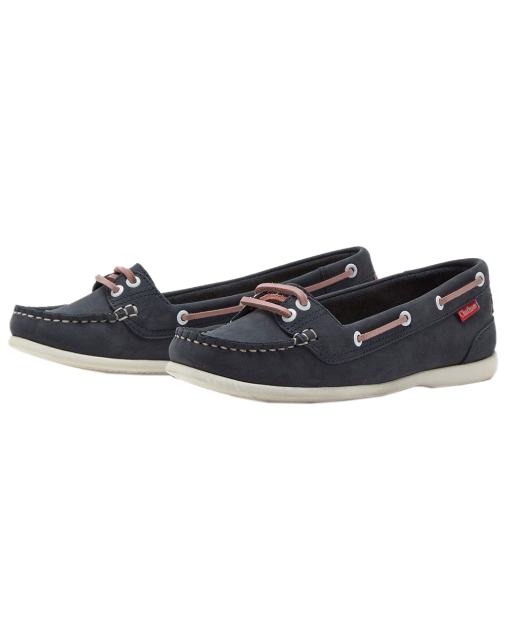 Navy Pink Coloured Chatham Womens Payar Leather Boat Shoes on white background 