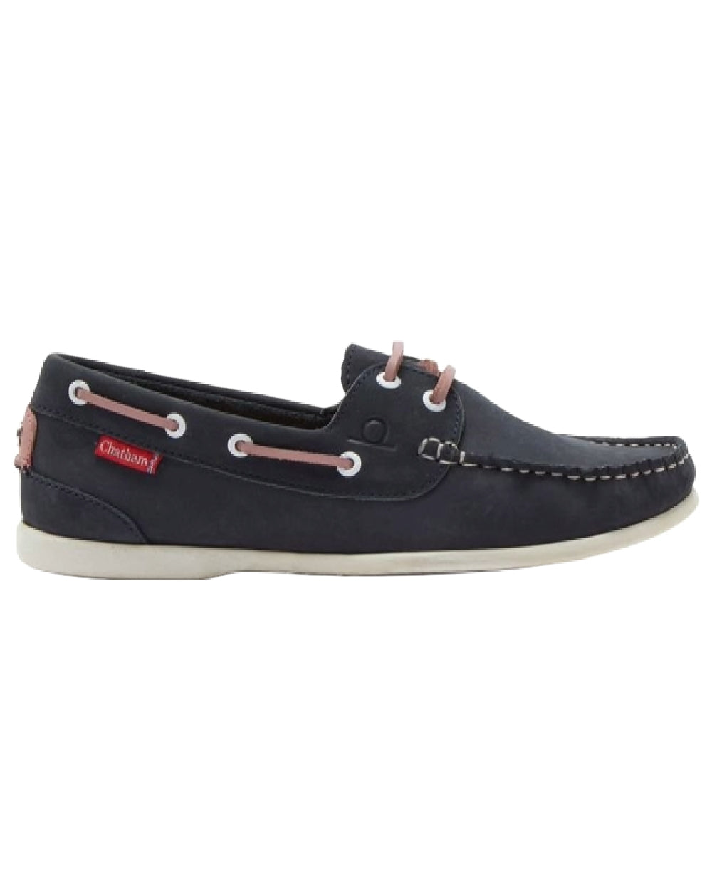 Navy Pink Coloured Chatham Womens Penang Leather Boat Shoes on white background 