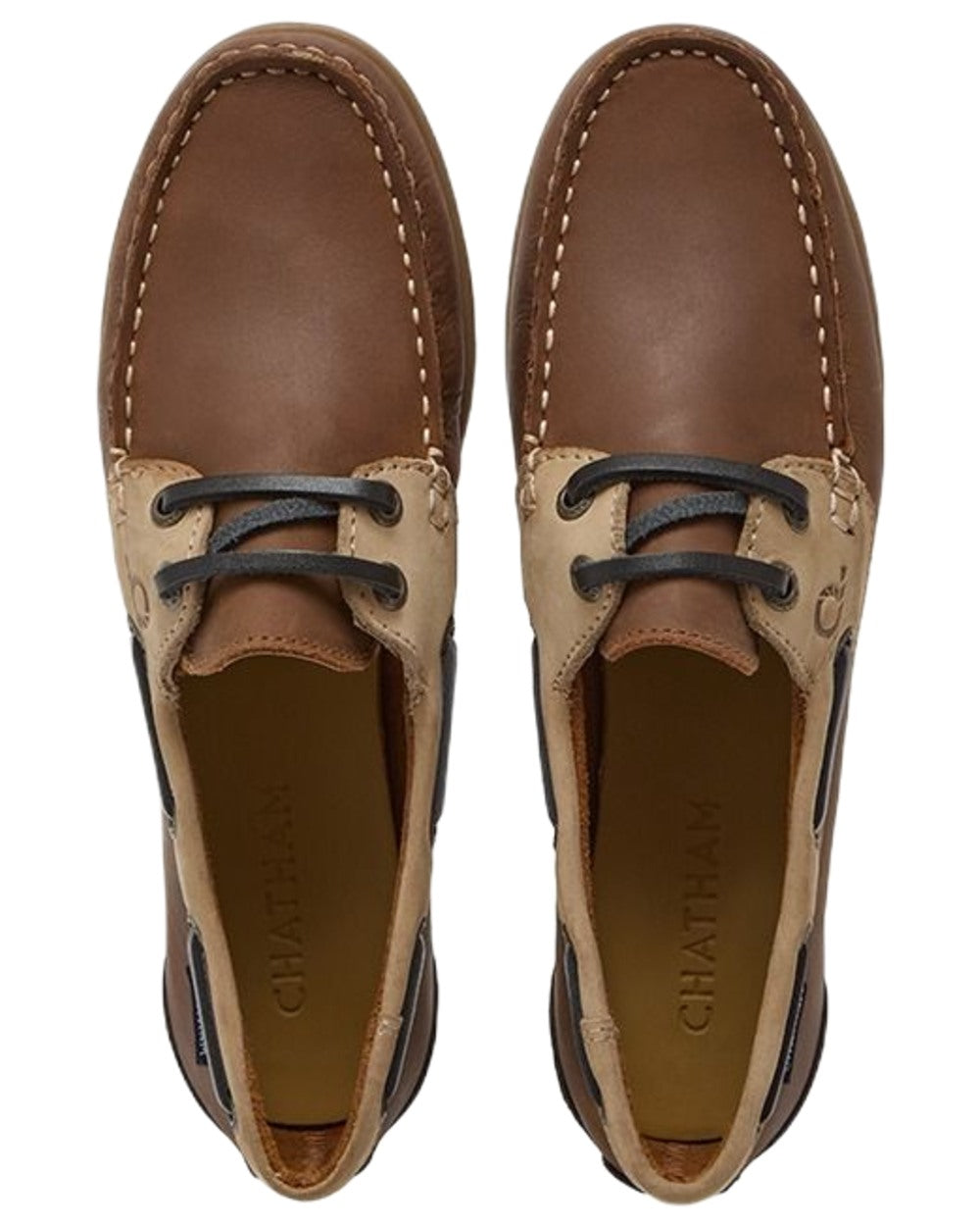 Tan Sand Navy coloured Chatham Womens Penang Leather Boat Shoes on white background 