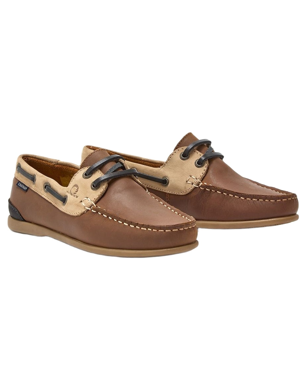 Tan Sand Navy coloured Chatham Womens Penang Leather Boat Shoes on white background 