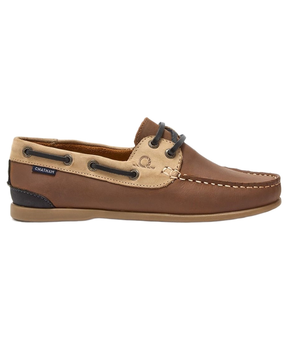 Tan Sand Navy coloured Chatham Womens Penang Leather Boat Shoes on white background 
