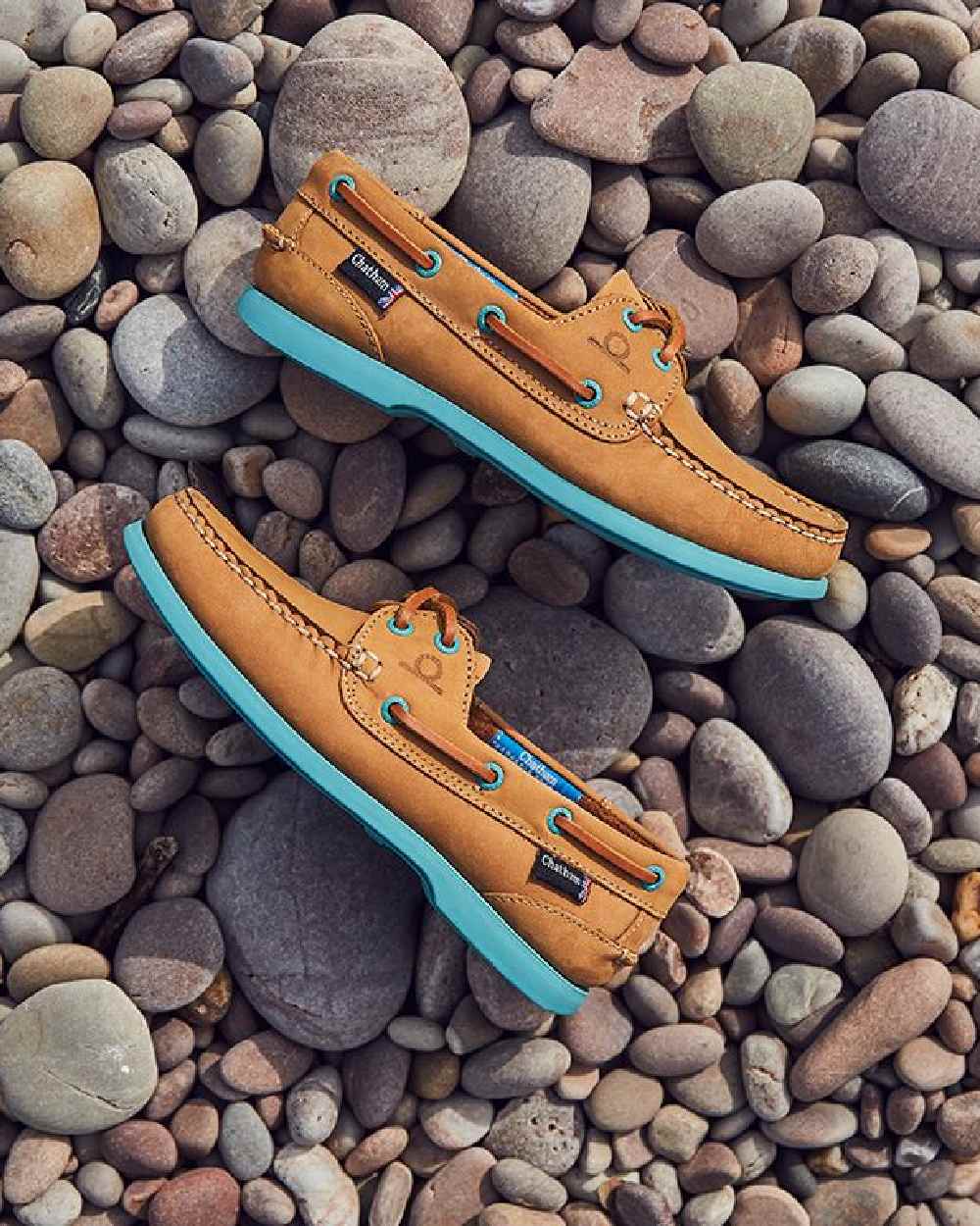 Tan Turquoise Coloured Chatham Womens Pippa II G2 Leather Boat Shoes on coastal background 