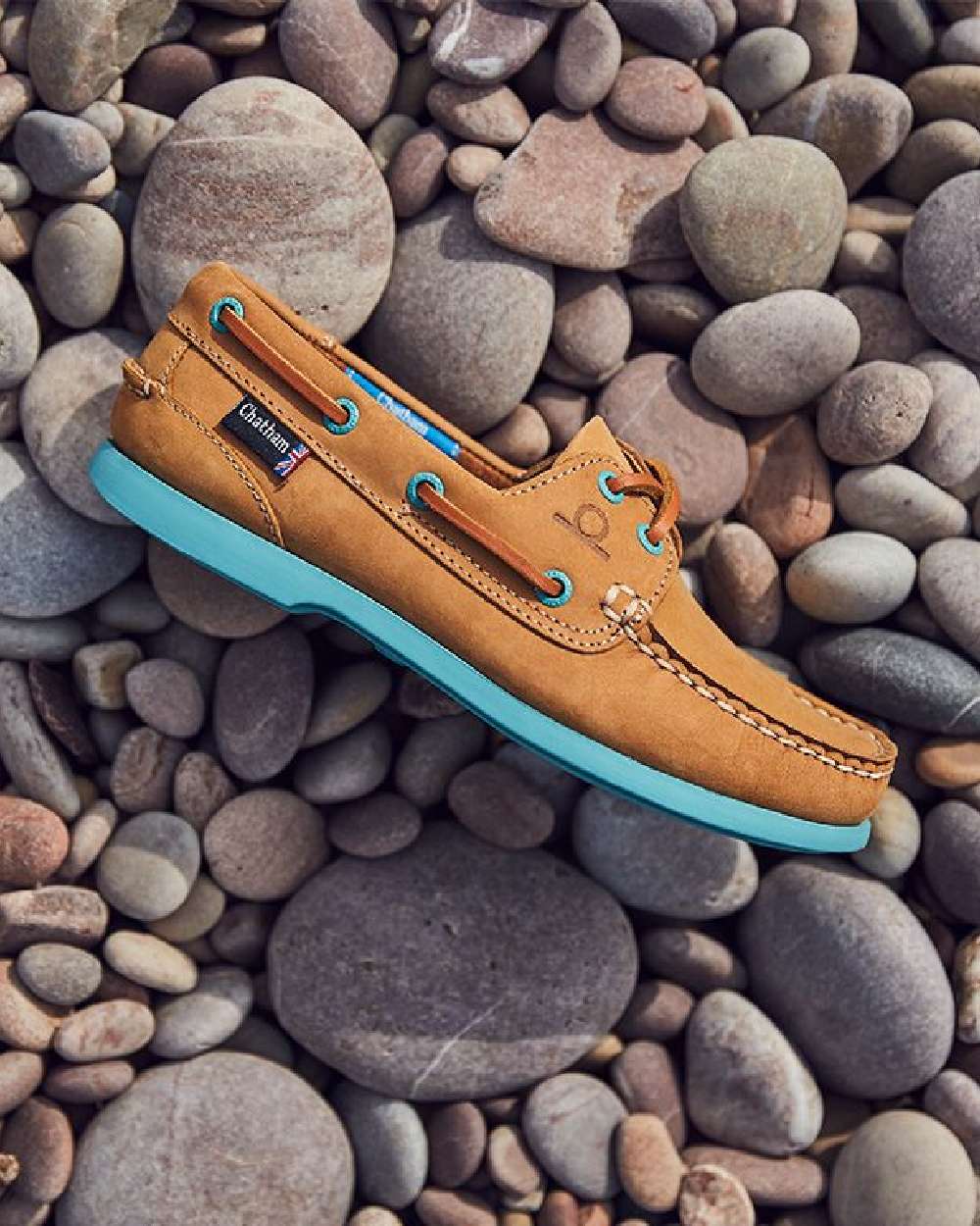 Tan Turquoise Coloured Chatham Womens Pippa II G2 Leather Boat Shoes on coastal background 