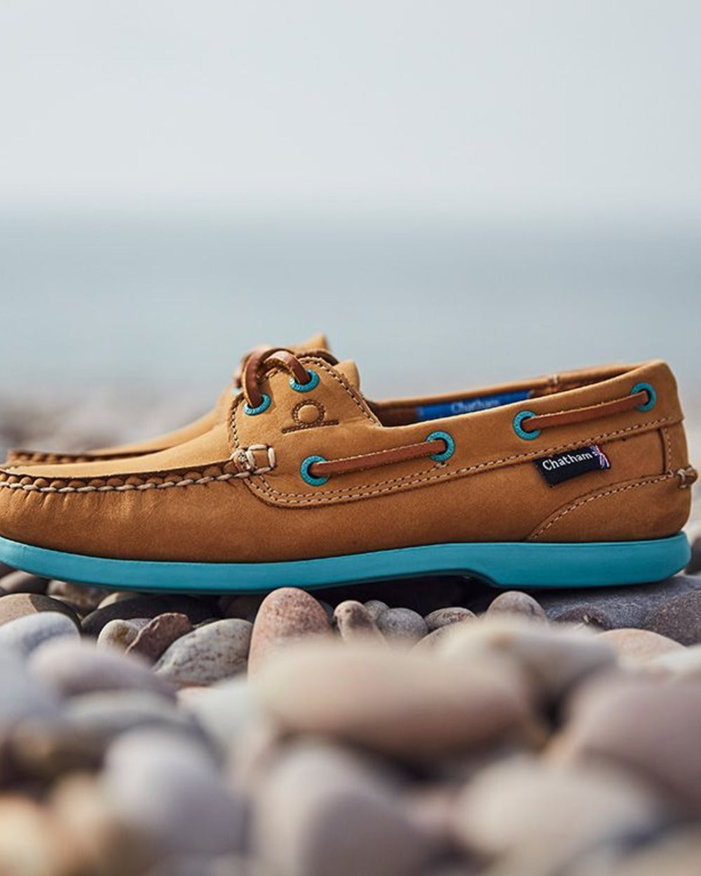 Tan Turquoise Coloured Chatham Womens Pippa II G2 Leather Boat Shoes on coastal background 